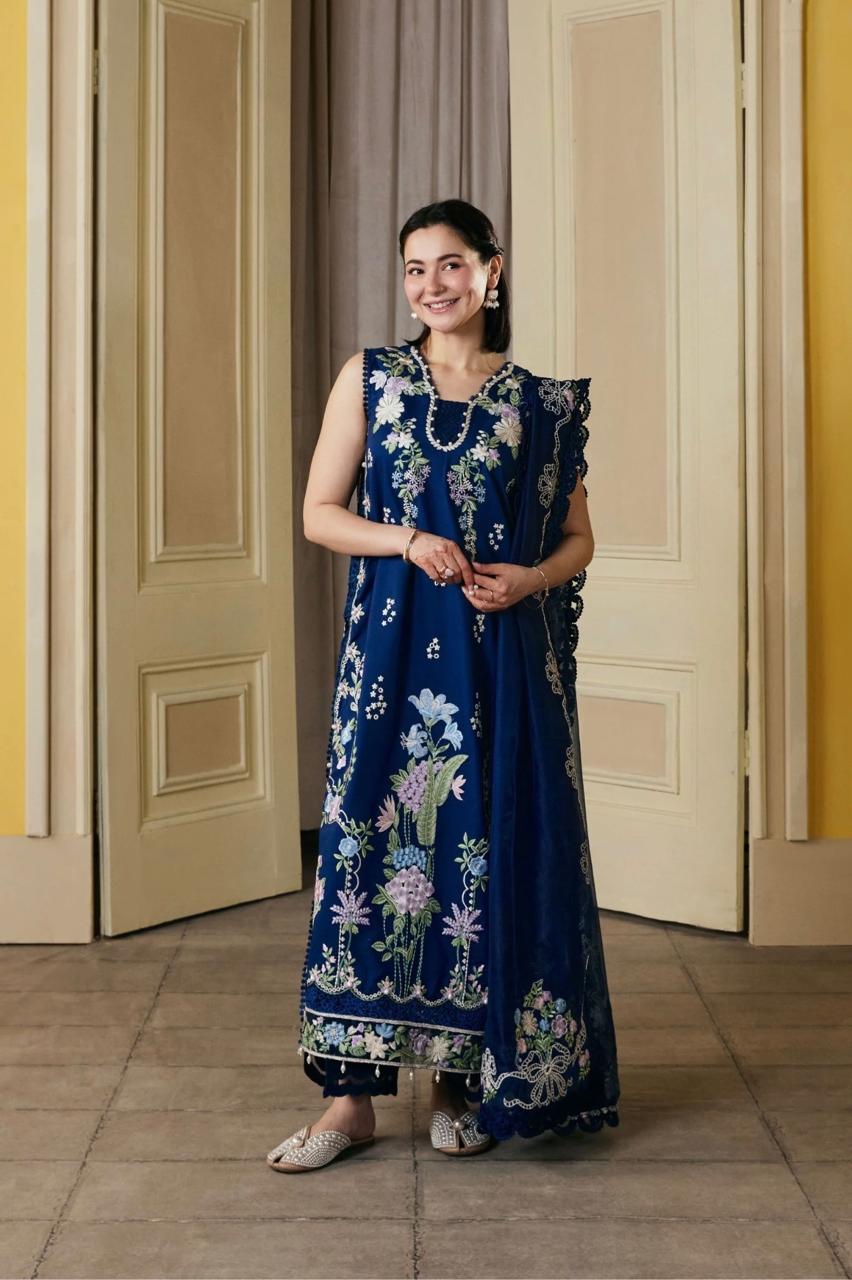 MARYAM HUSSAIN-3PC LAWN EMBROIDERED SHIRT WITH KHADDI NET EMB DUPATTA AND TROUSER ZB-1