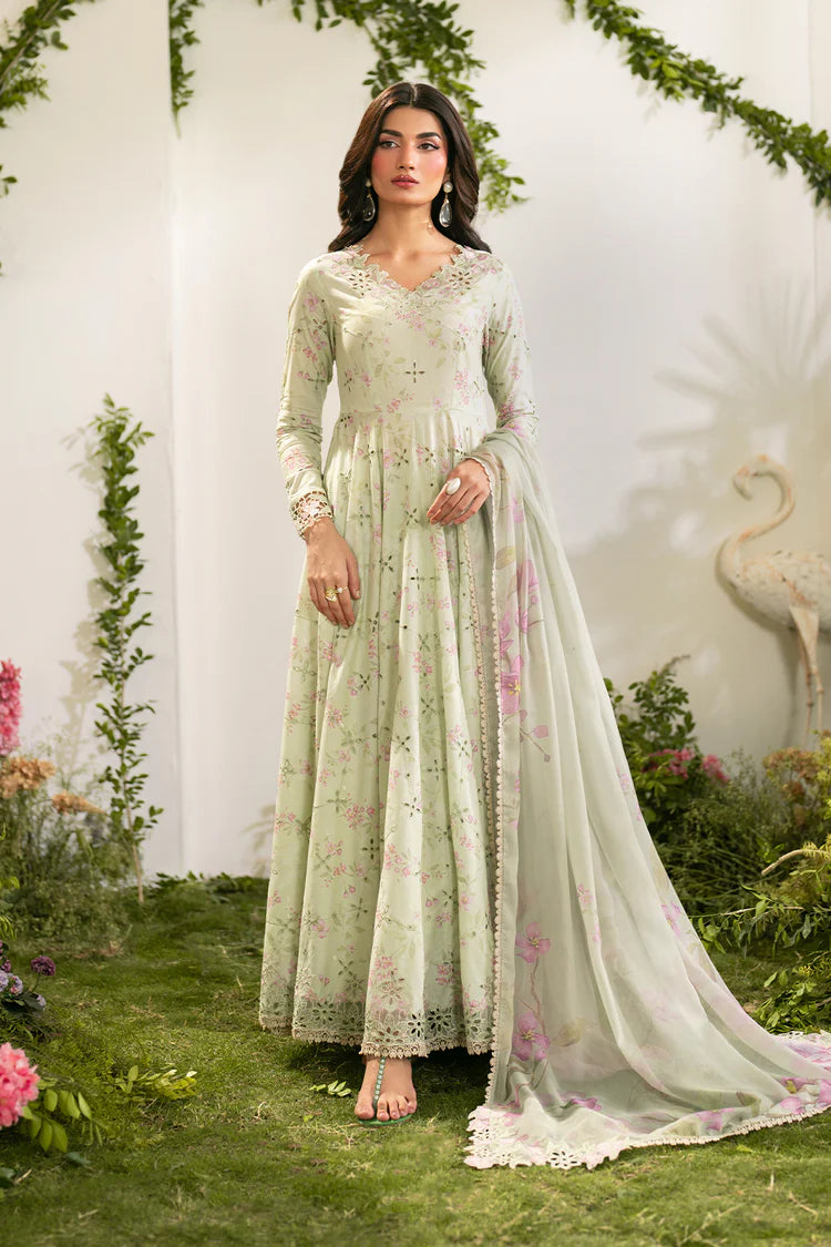 IZNIK-3PC LAWN PRINTED EMB FROCK WITH SILK PRINTED DUPATTA AND TROUSER-BIC-067