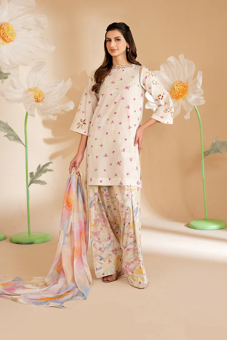 IZNIK-3PC LAWN PRINTED EMB SHIRT WITH SILK PRINTED DUPATTA AND PRINTED TROUSER-BIC-052