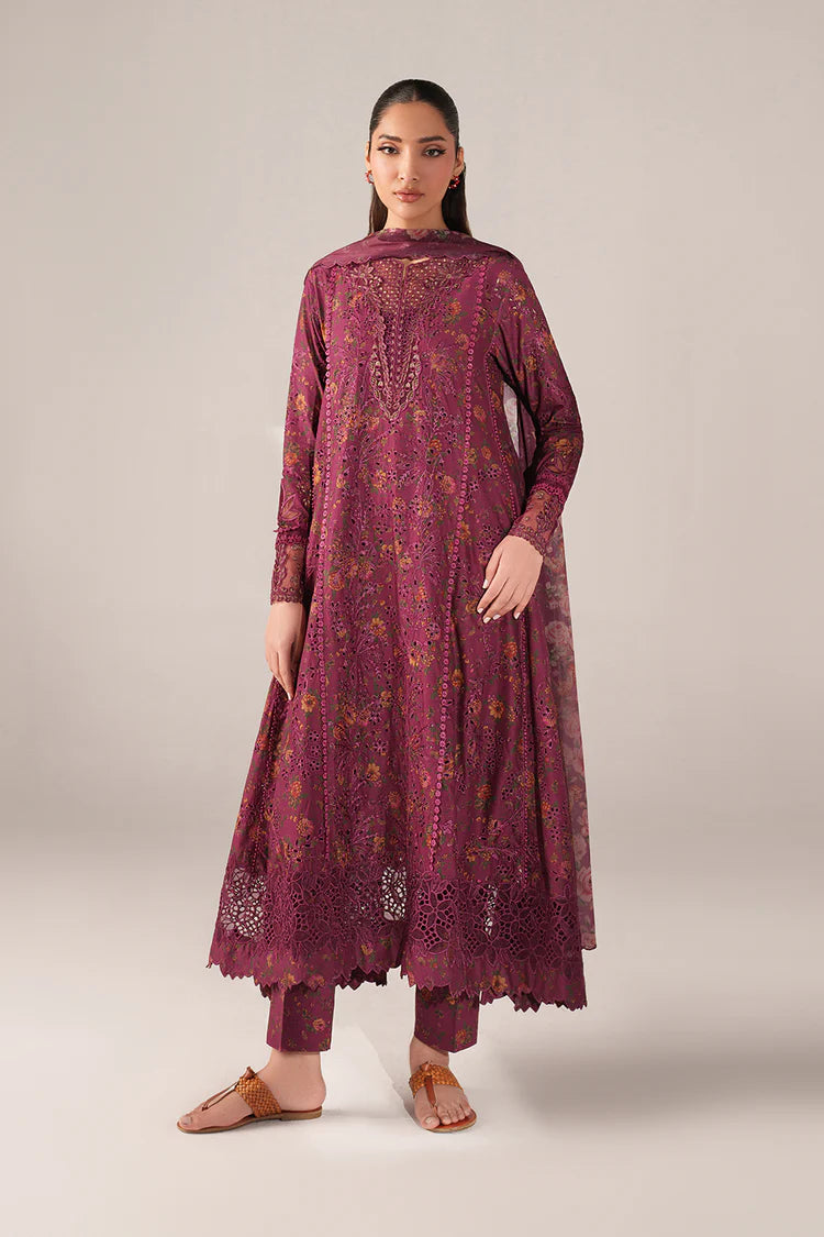 IZNIK-3PC LAWN PRINTED CHIKAN EMB FROCK WITH SILK PRINTED DUPATTA AND TROUSER-BIC-011