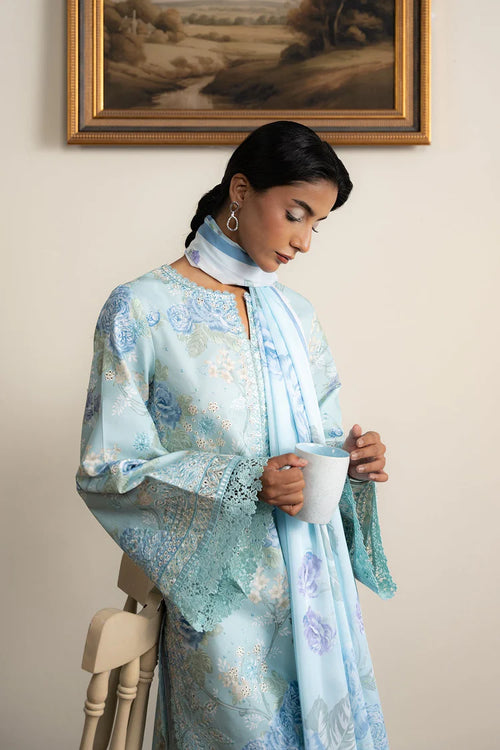 AYZEL-3PC LAWN PRINTED EMB SHIRT WITH SILK PRINTED DUPATTA AND PRINTED TROUSER-BIC-043