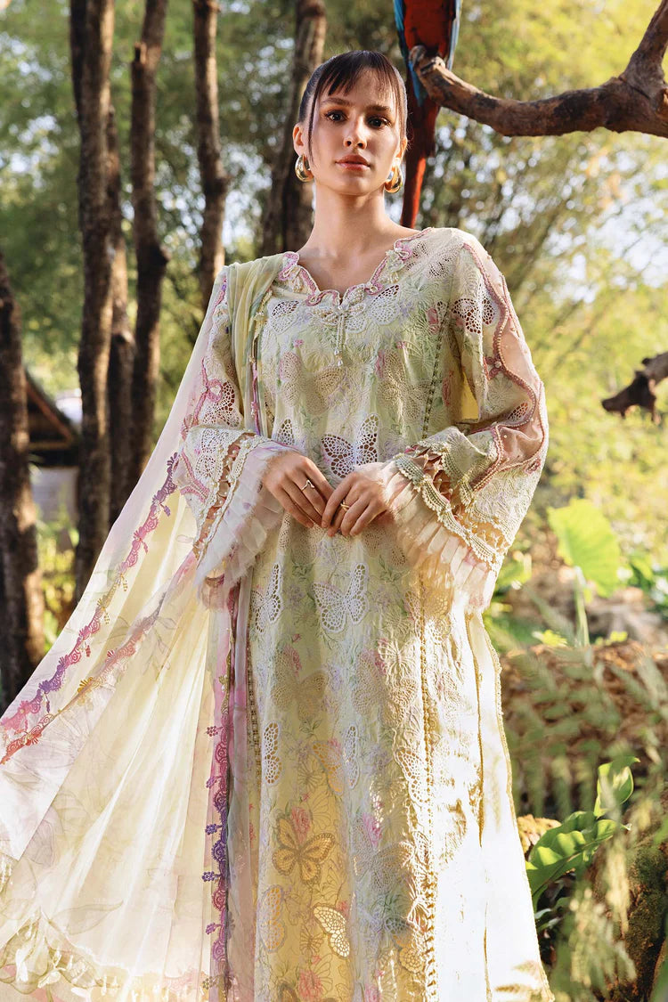 MARIA.B-3PC LAWN PRINTED CHIKAN EMB SHIRT WITH SILK PRINTED DUPATTA AND TROUSER-BIC-034