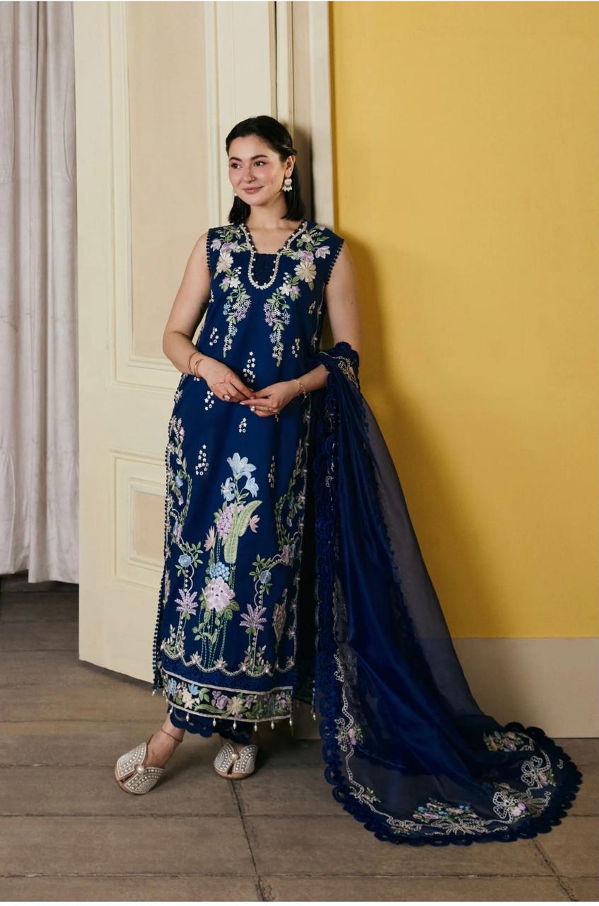 MARYAM HUSSAIN-3PC LAWN EMBROIDERED SHIRT WITH KHADDI NET EMB DUPATTA AND TROUSER ZB-1