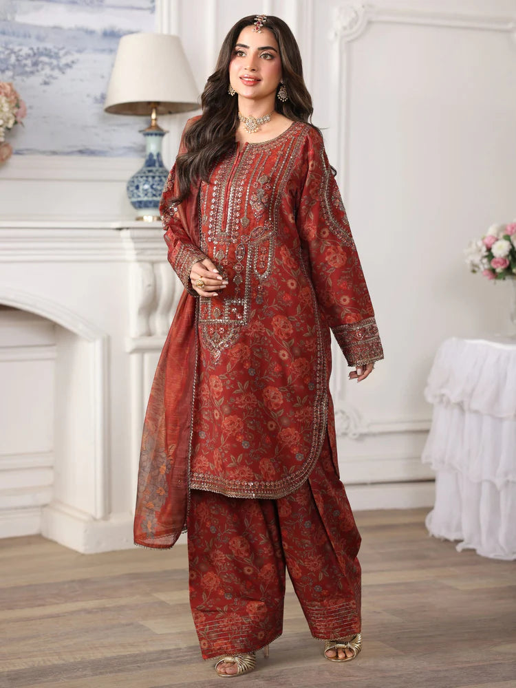 MOHAGNI-3PC LAWN PRINTED EMBROIDERED SHIRT WITH SILK PRINTED DUPATTA AND PRINTED EMB TROUSER-007