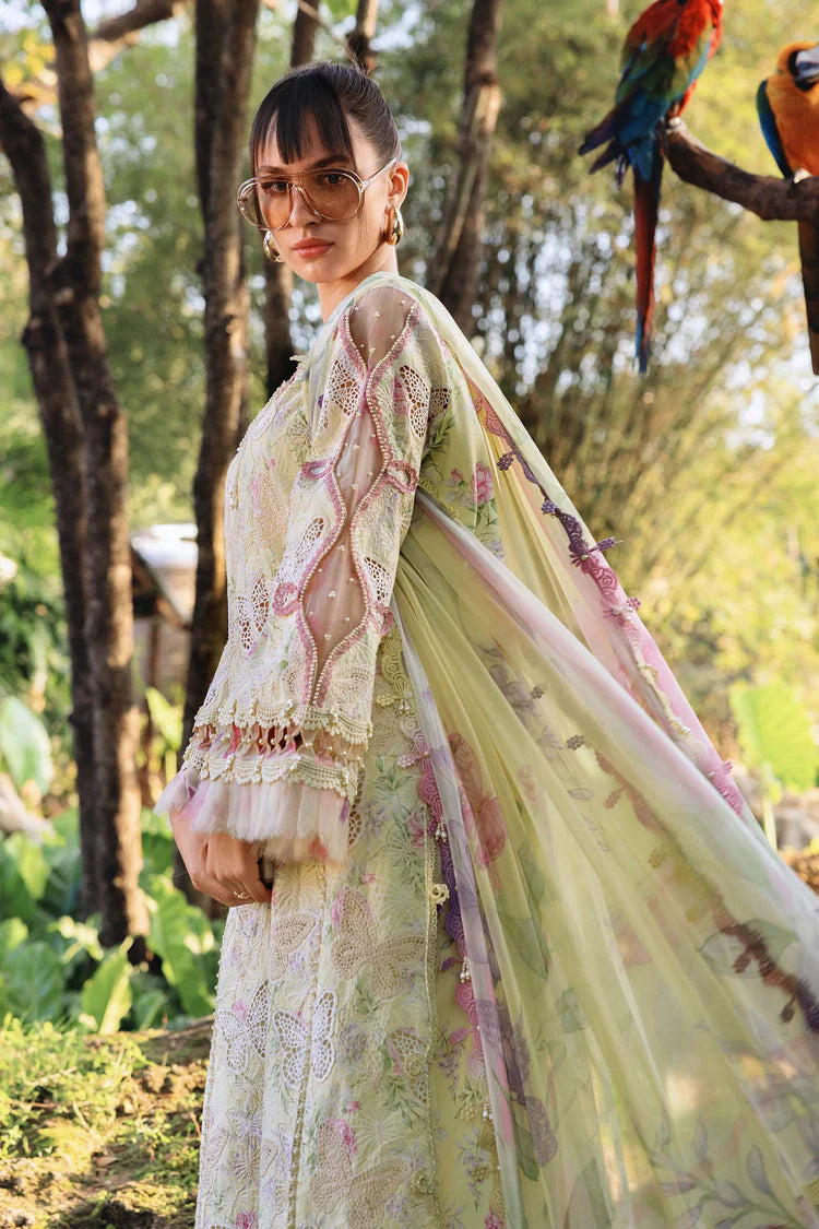 MARIA.B-3PC LAWN PRINTED CHIKAN EMB SHIRT WITH SILK PRINTED DUPATTA AND TROUSER-BIC-034