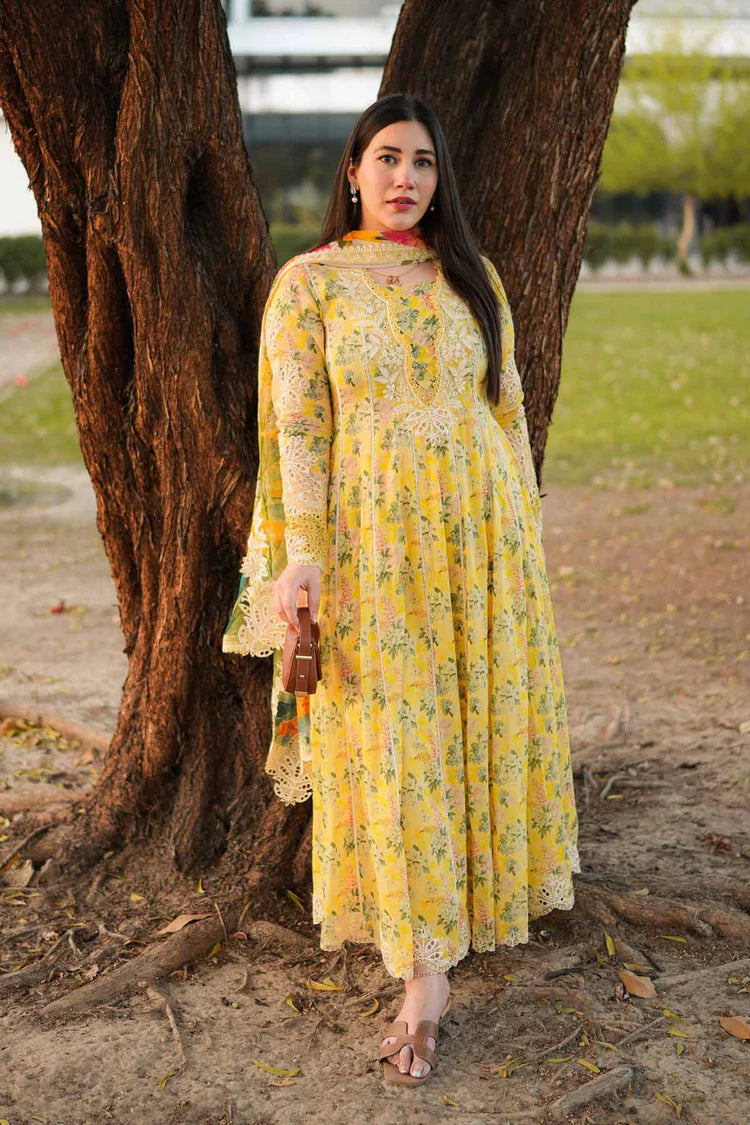 ANEELAS-3PC LAWN PRINTED EMB FROCK WITH SILK PRINTED EMB DUPATTA AND DYED TROUSER-BIC-038