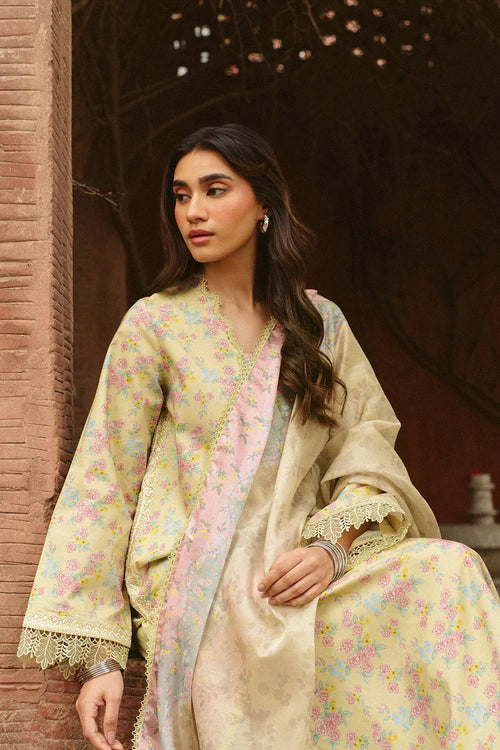 AYZEL-3PC LAWN PRINTED EMB SHIRT WITH SILK PRINTED DUPATTA AND DYED TROUSER-BIC-055