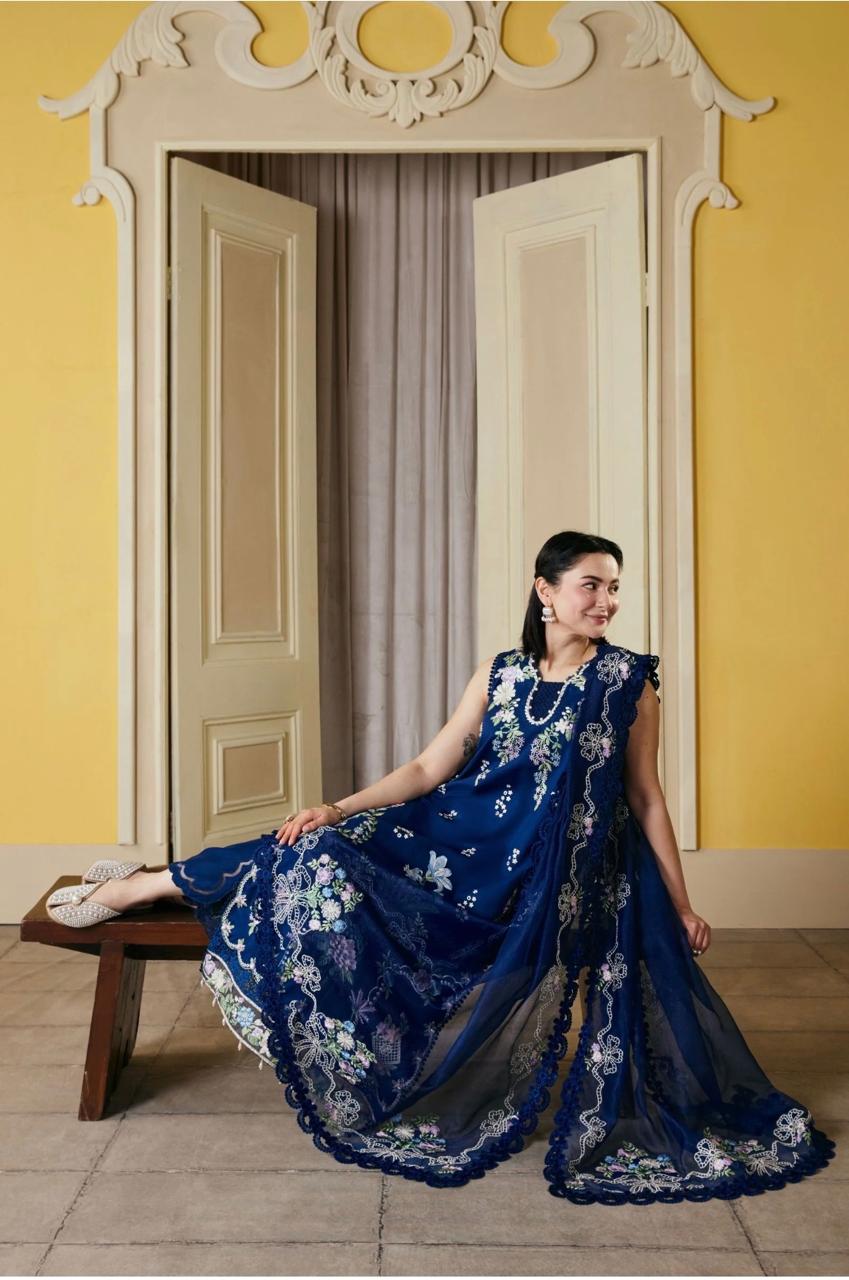 MARYAM HUSSAIN-3PC LAWN EMBROIDERED SHIRT WITH KHADDI NET EMB DUPATTA AND TROUSER ZB-1