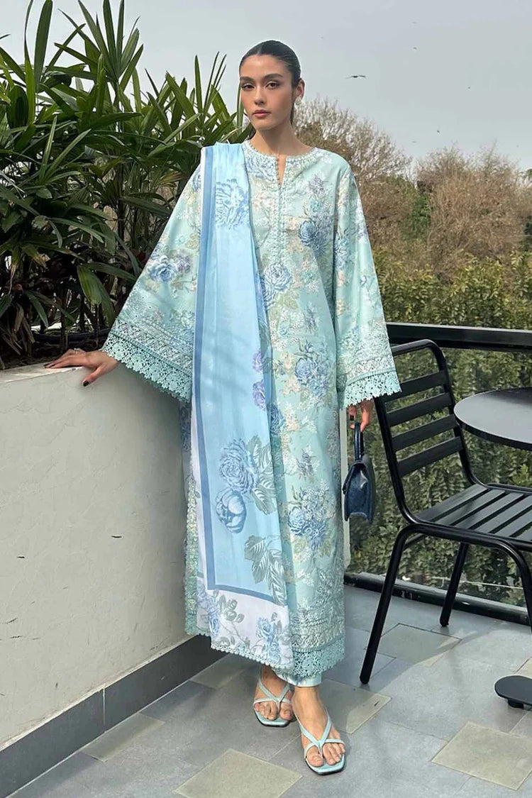 AYZEL-3PC LAWN PRINTED EMB SHIRT WITH SILK PRINTED DUPATTA AND PRINTED TROUSER-BIC-043