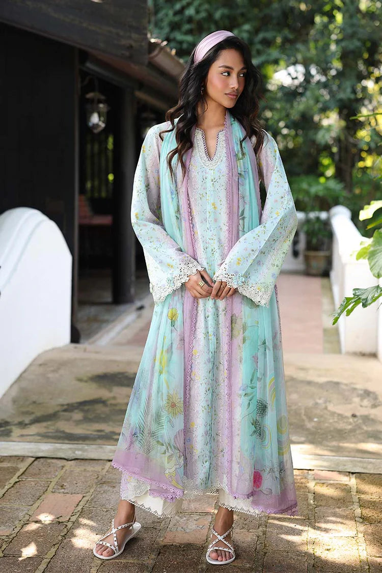 QALAMQAR-3PC LAWN PRINTED EMB SHIRT WITH SILK PRINTED DUPATTA AND TROUSER-BIC-042