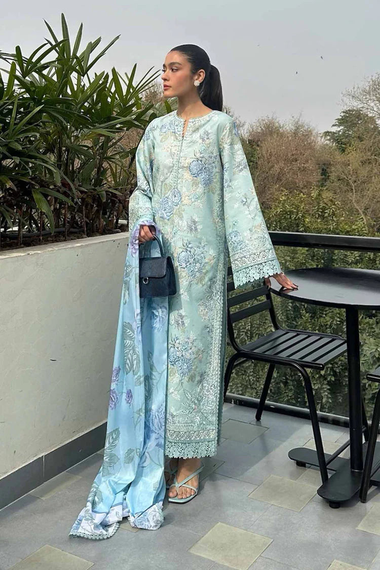 QALAMQAR-3PC LAWN PRINTED EMB SHIRT WITH SILK PRINTED DUPATTA AND TROUSER-BIC-042