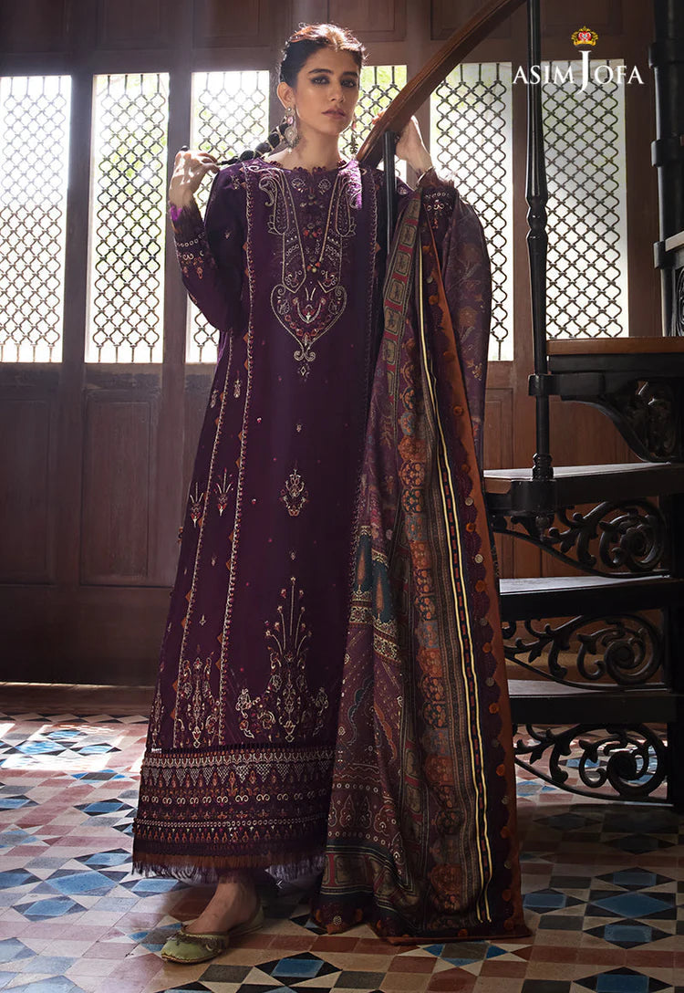 ASIM.JOFA-3PC LAWN EMBROIDERED SHIRT WITH MONARK PRINTED DUPATTA AND TROUSER-BIC-3523